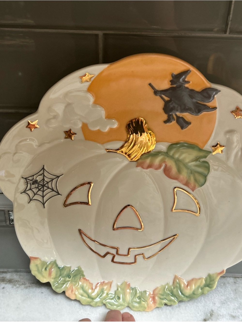 Lenox Occasions Jack-O-Lantern 11” Large Low Halloween Candy Dish Witch Broom